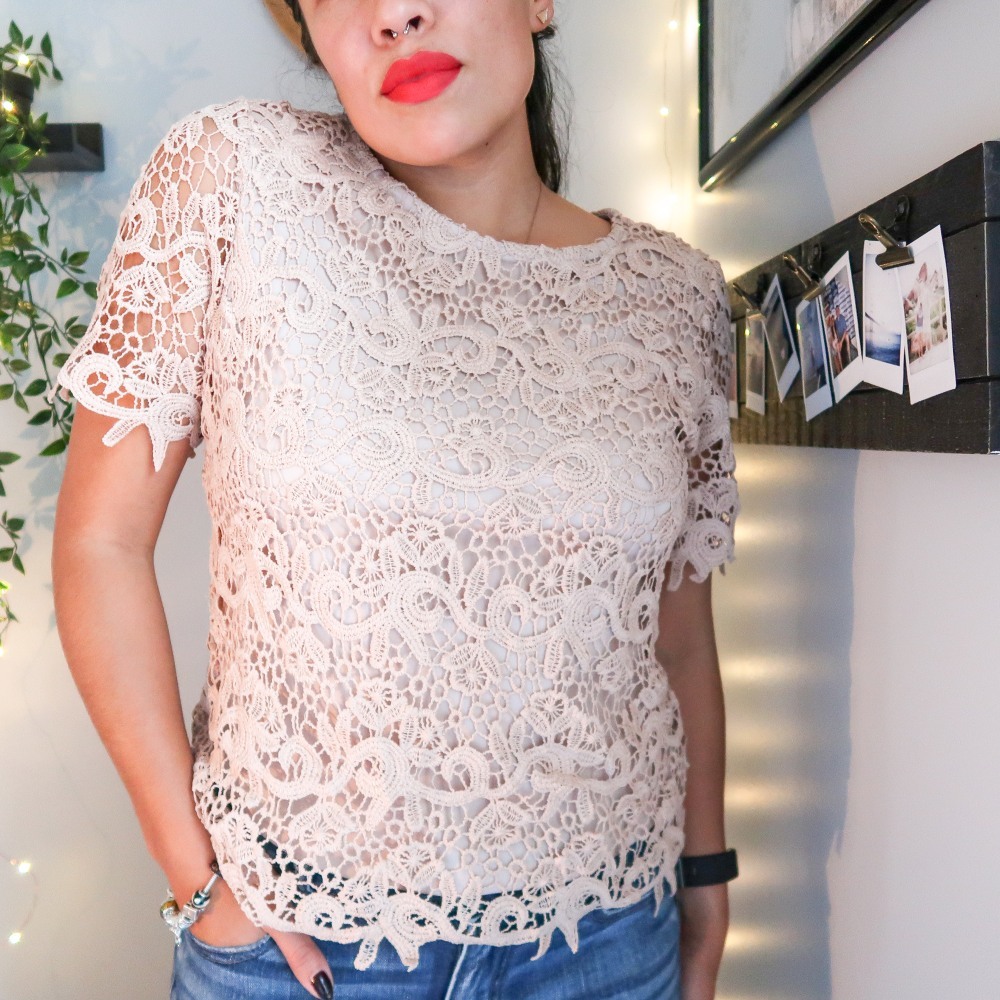 Adiva Blush Nude Lace Crochet Short Sleeve Blouse